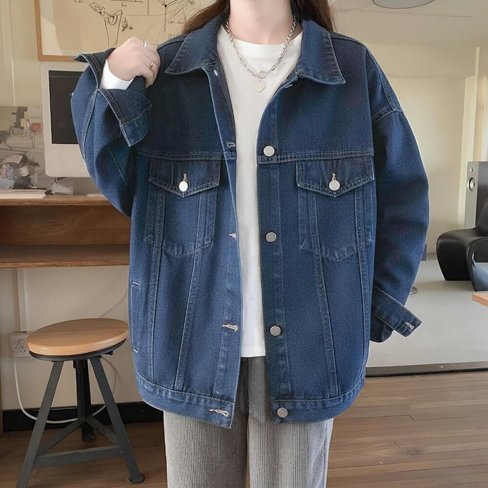 Women's Denim Jacket With Hood Oversized Distressed Jean Jackets Hoodie Z-Blue - Picture 4 of 5